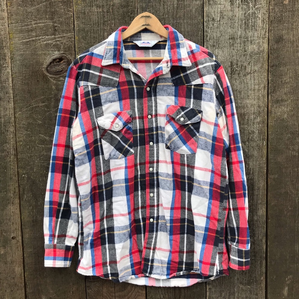 VTG Dakota by Five Brother Pearl Snap Flannel Plaid USA Workwear Shirt Large